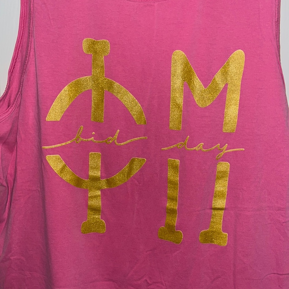 EUC—Phi Mu—“Bid Day” Pink Tank with Gold Letters